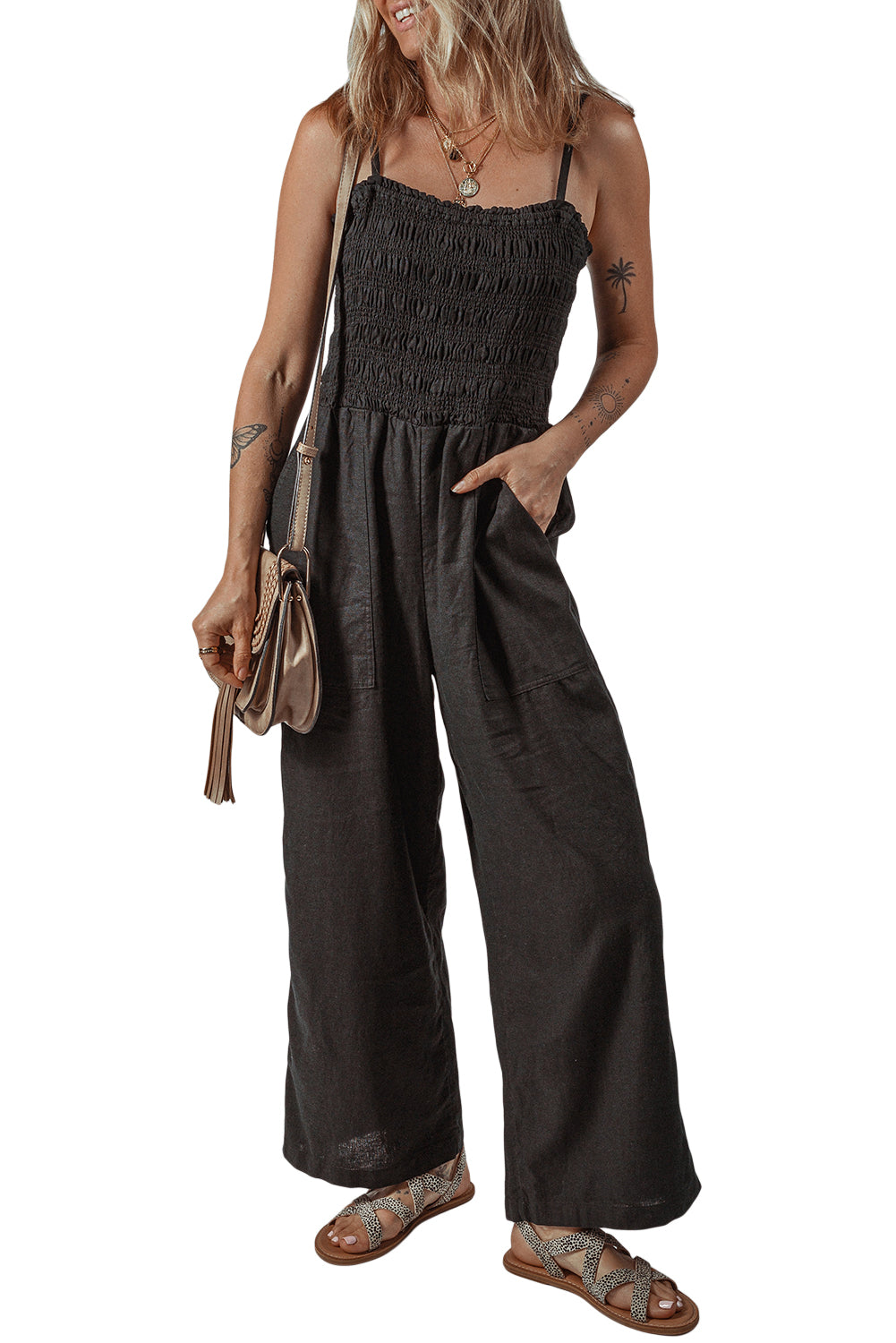 Black Spaghetti Straps Shirred Bodice Pocketed Wide Leg Jumpsuit Jumpsuits & Rompers JT's Designer Fashion