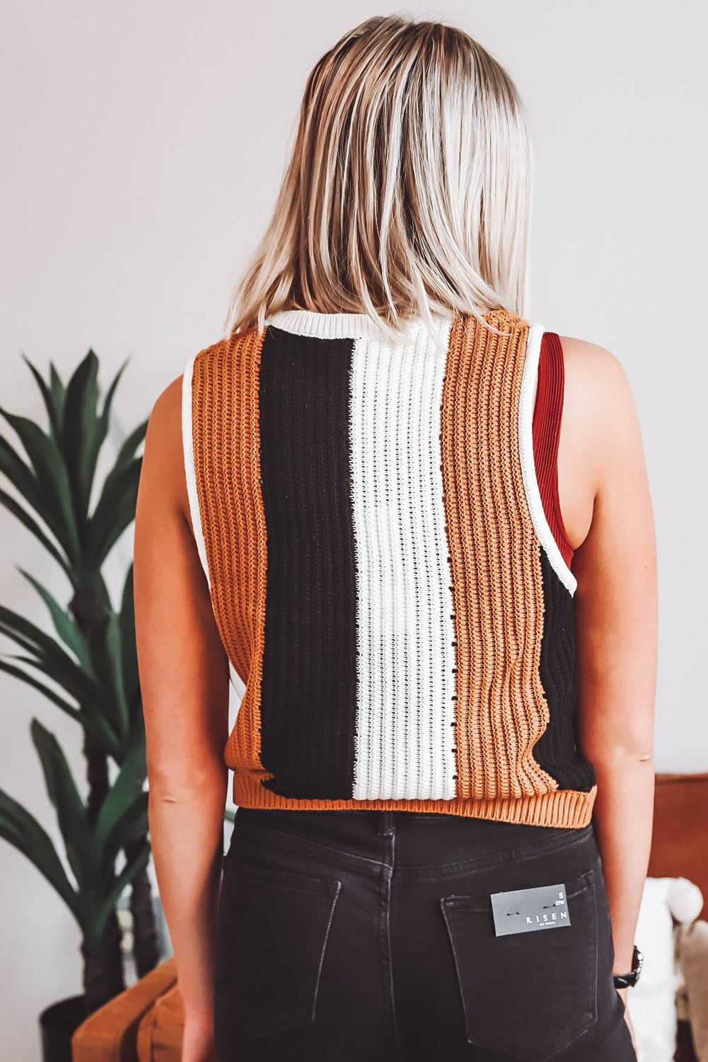 Khaki Stripe Color Block Sleeveless Knitted Sweater Sweaters & Cardigans JT's Designer Fashion