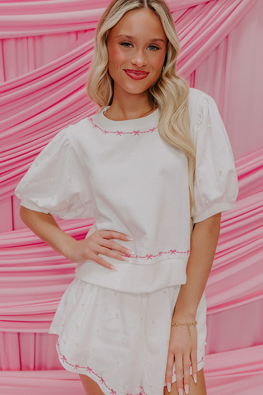 White Contrast Bow Trim Pearl Puff Sleeve Blouse and Skort 2pcs Set Short Sets JT's Designer Fashion