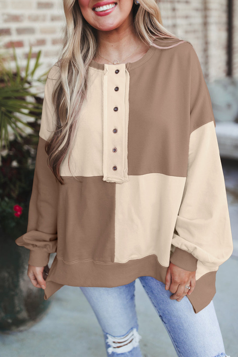 Parchment Colorblock Henley High Low Oversize Sweatshirt Sweatshirts & Hoodies JT's Designer Fashion