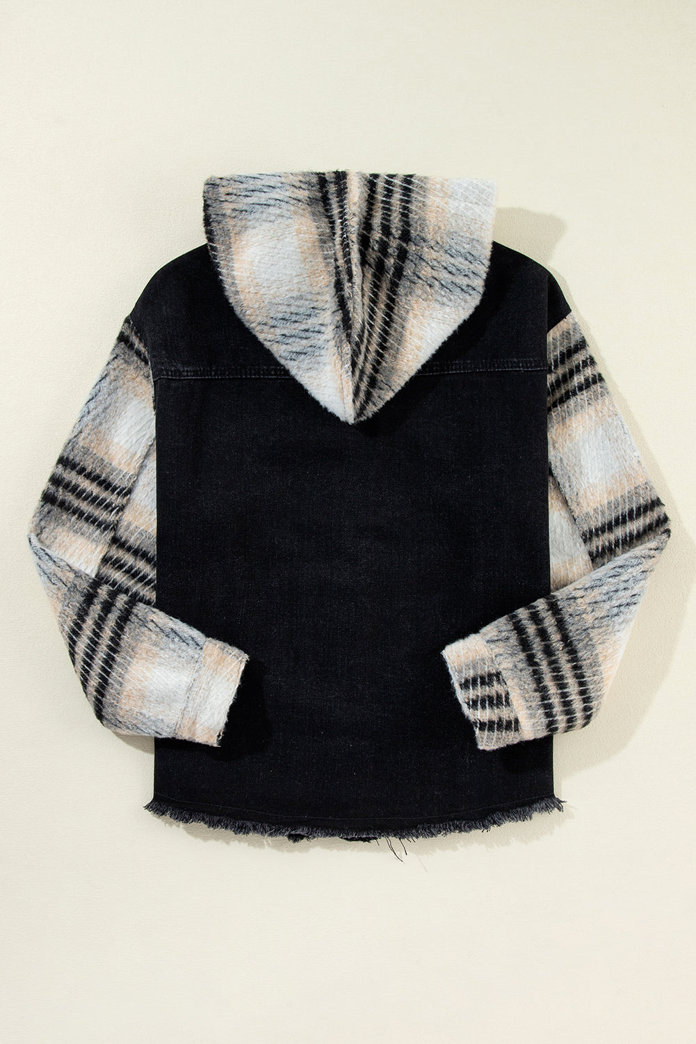 Black Plaid Sleeve Frayed Hem Hooded Denim Jacket Denim Jackets JT's Designer Fashion