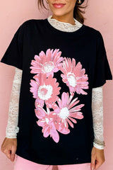 Black Pink Daisy Flower Printed Cotton Blend T Shirt Graphic Tees JT's Designer Fashion