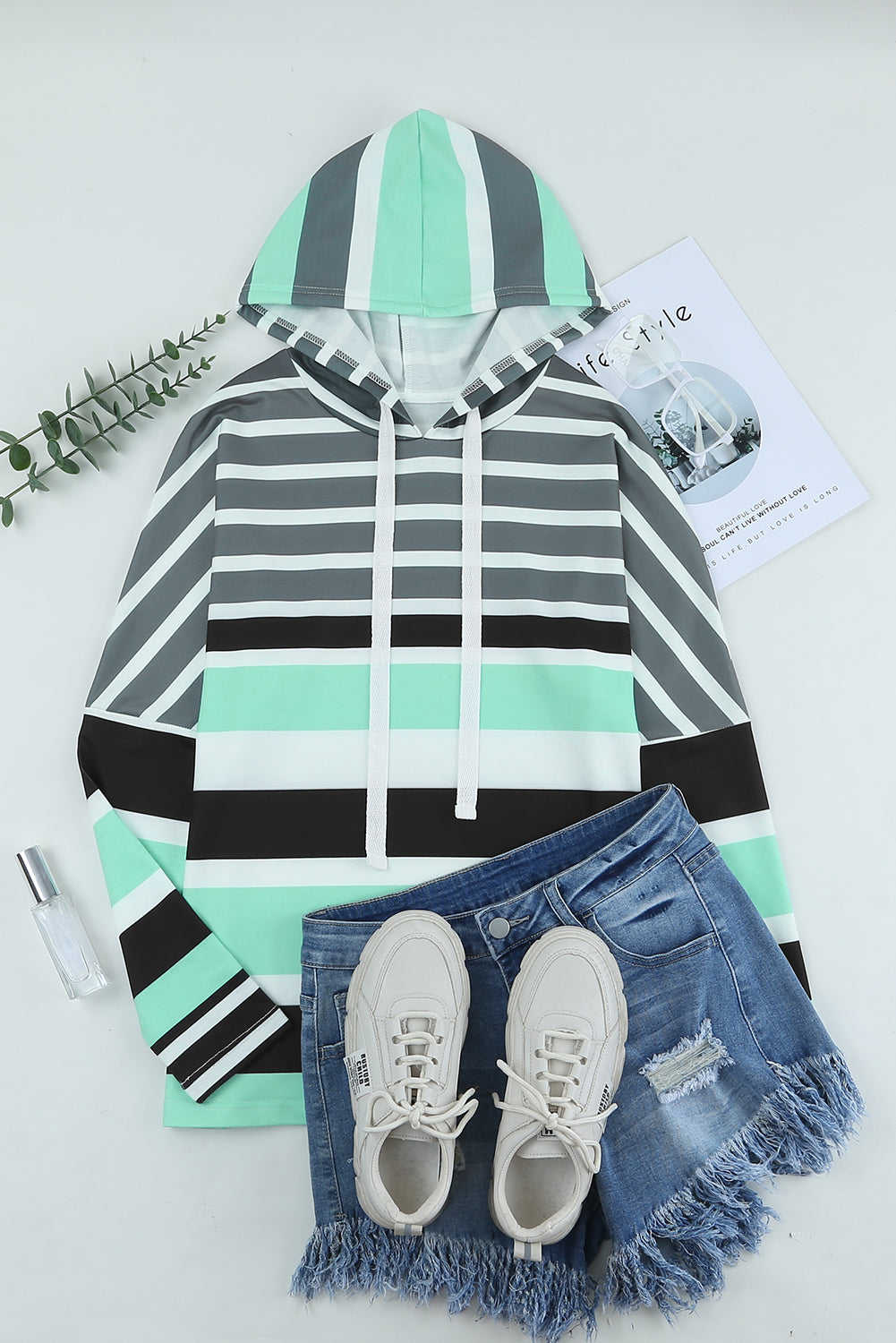 Green Striped Drawstring Long Sleeve Hoodie Sweatshirts & Hoodies JT's Designer Fashion