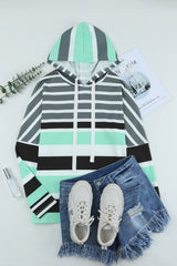 Green Striped Drawstring Long Sleeve Hoodie Sweatshirts & Hoodies JT's Designer Fashion