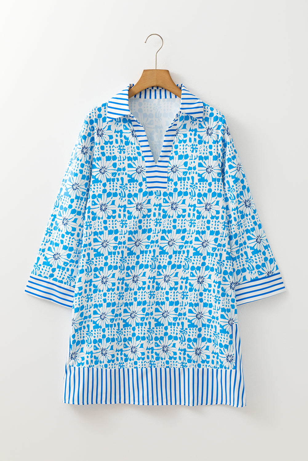 Sky Blue Contrast Striped Trim Floral Shift Fit Fall Dress JT's Designer Fashion