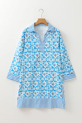Sky Blue Contrast Striped Trim Floral Shift Fit Fall Dress JT's Designer Fashion