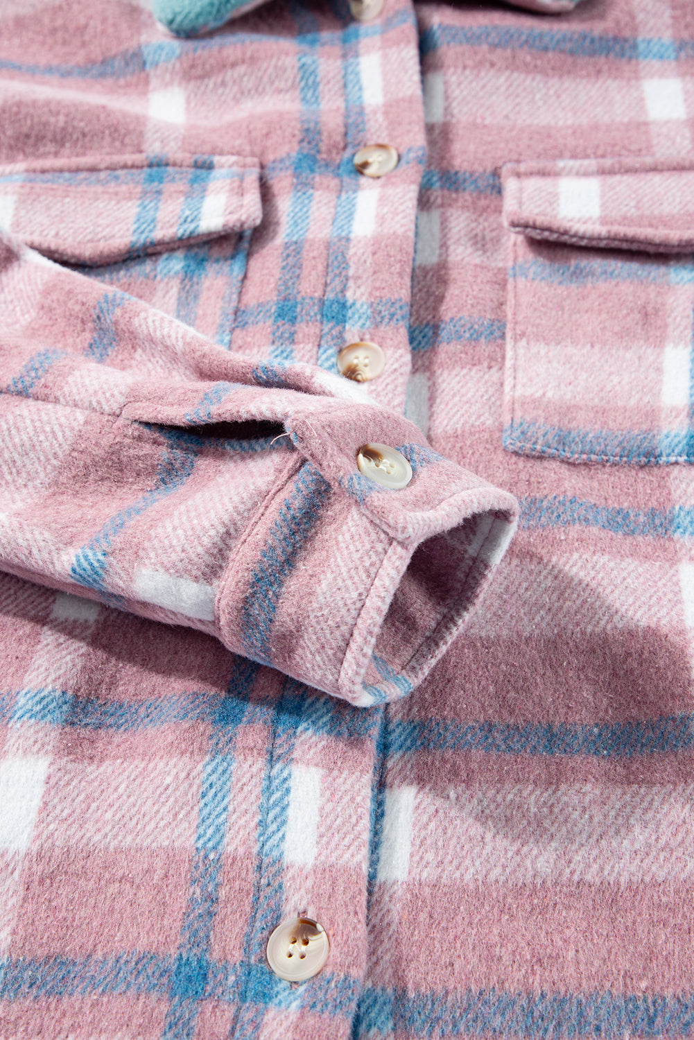 Pink Plaid Print Color Block Collared Flap Pockets Loose Shacket Plaid Shackets JT's Designer Fashion