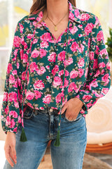 Green Floral Printed Tied Collar Puff Sleeve Blouse Blouses & Shirts JT's Designer Fashion