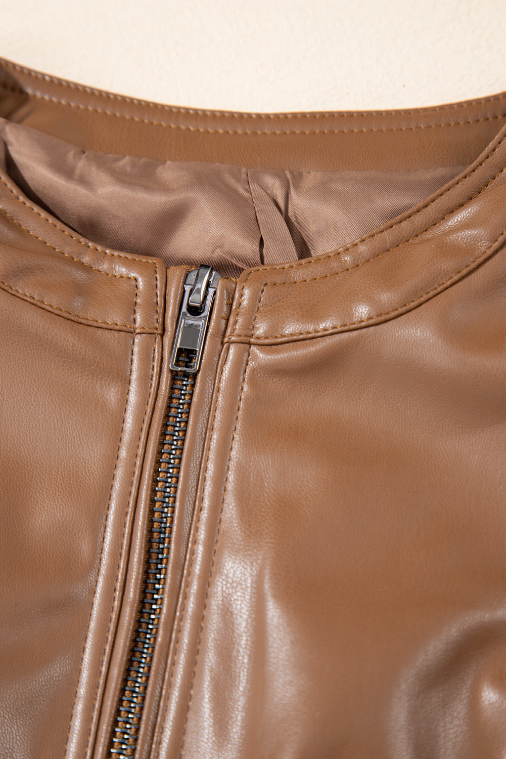Chestnut Solid Faux Leather Zipper Slim Fit Bomber Jacket Jackets JT's Designer Fashion
