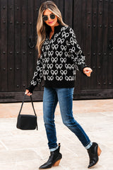 Black Cute Bow Pattern Drop Shoulder Zipped Collar Sweater Sweaters JT's Designer Fashion