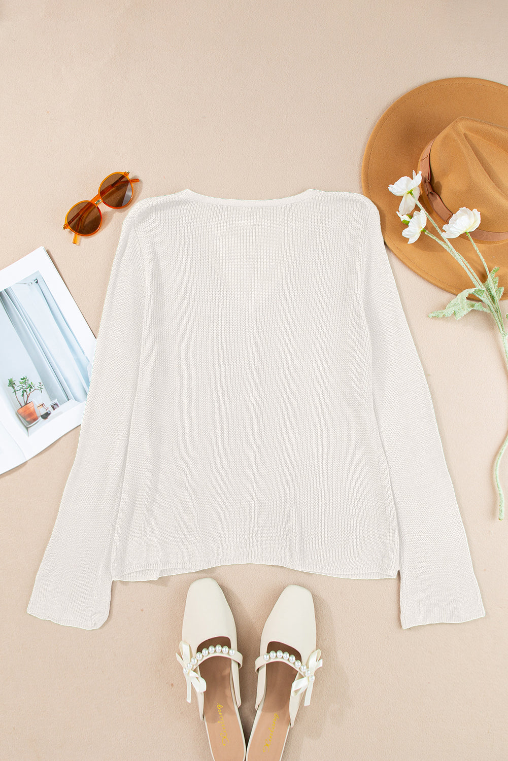 White Lightweight V Neck Button Front Bell Sleeve Cardigan Sweater Cardigans JT's Designer Fashion