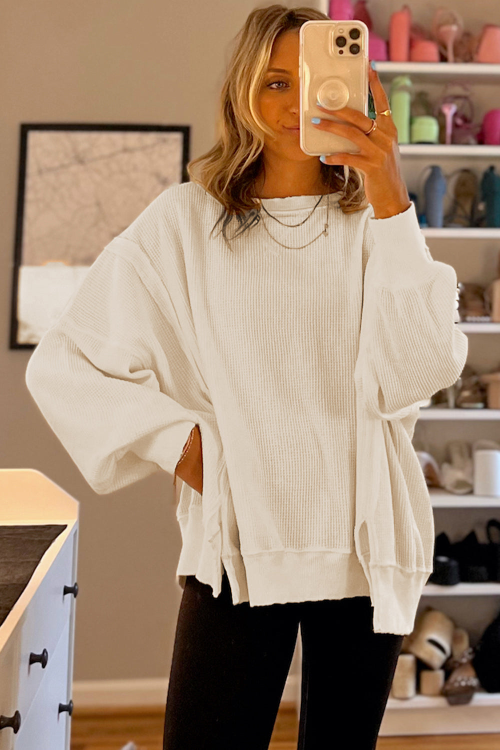 White Waffle Knit Bishop Sleeve Split Oversized Sweatshirt Sweatshirts & Hoodies JT's Designer Fashion