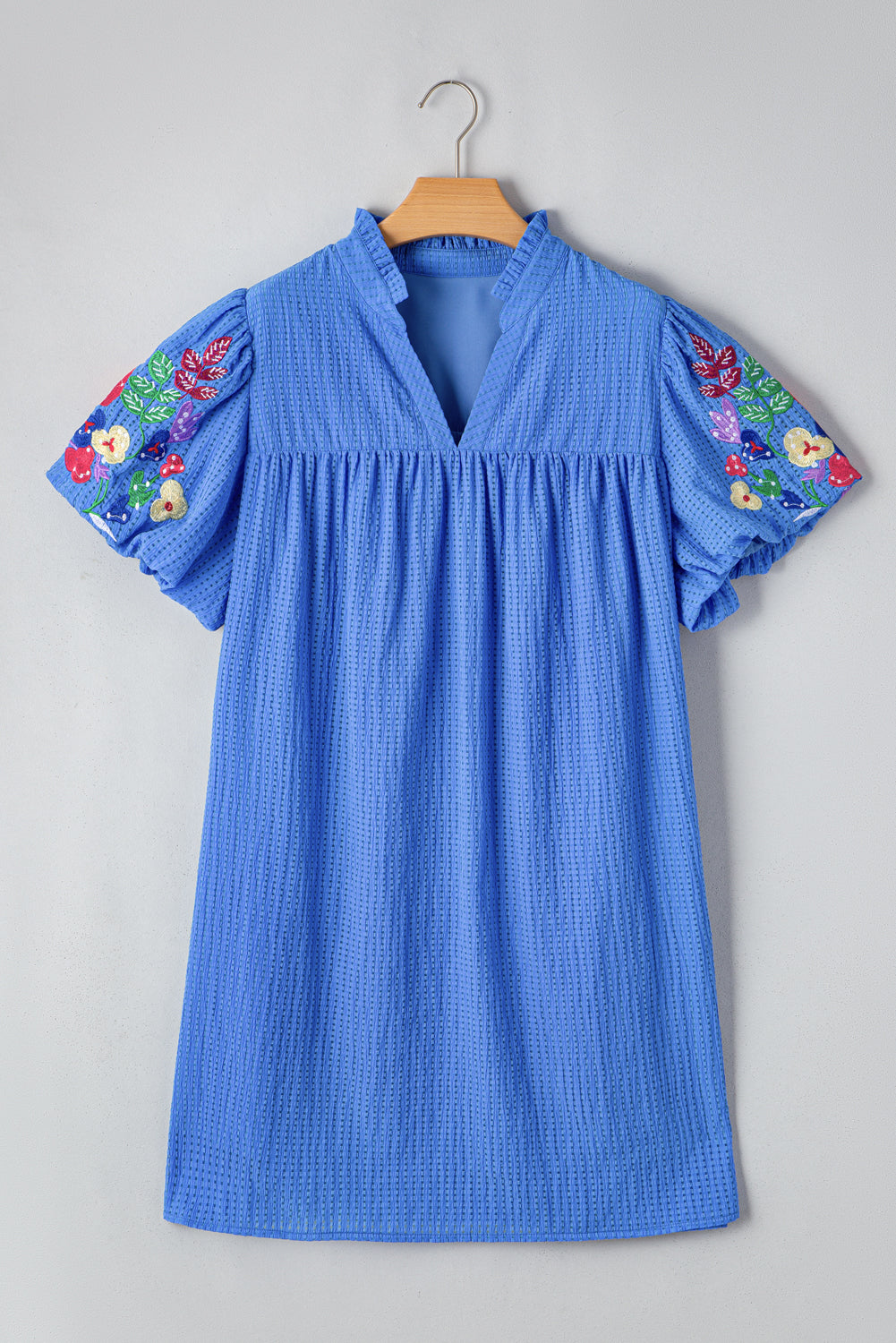 Sky Blue Plus Size Floral Embroidered Puff Sleeve Gingham Mini Dress Plus Size Mini Dresses JT's Designer Fashion