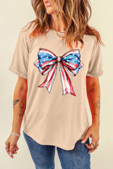 Khaki American Flag Bow Knot Print Round Neck T Shirt Graphic Tees JT's Designer Fashion