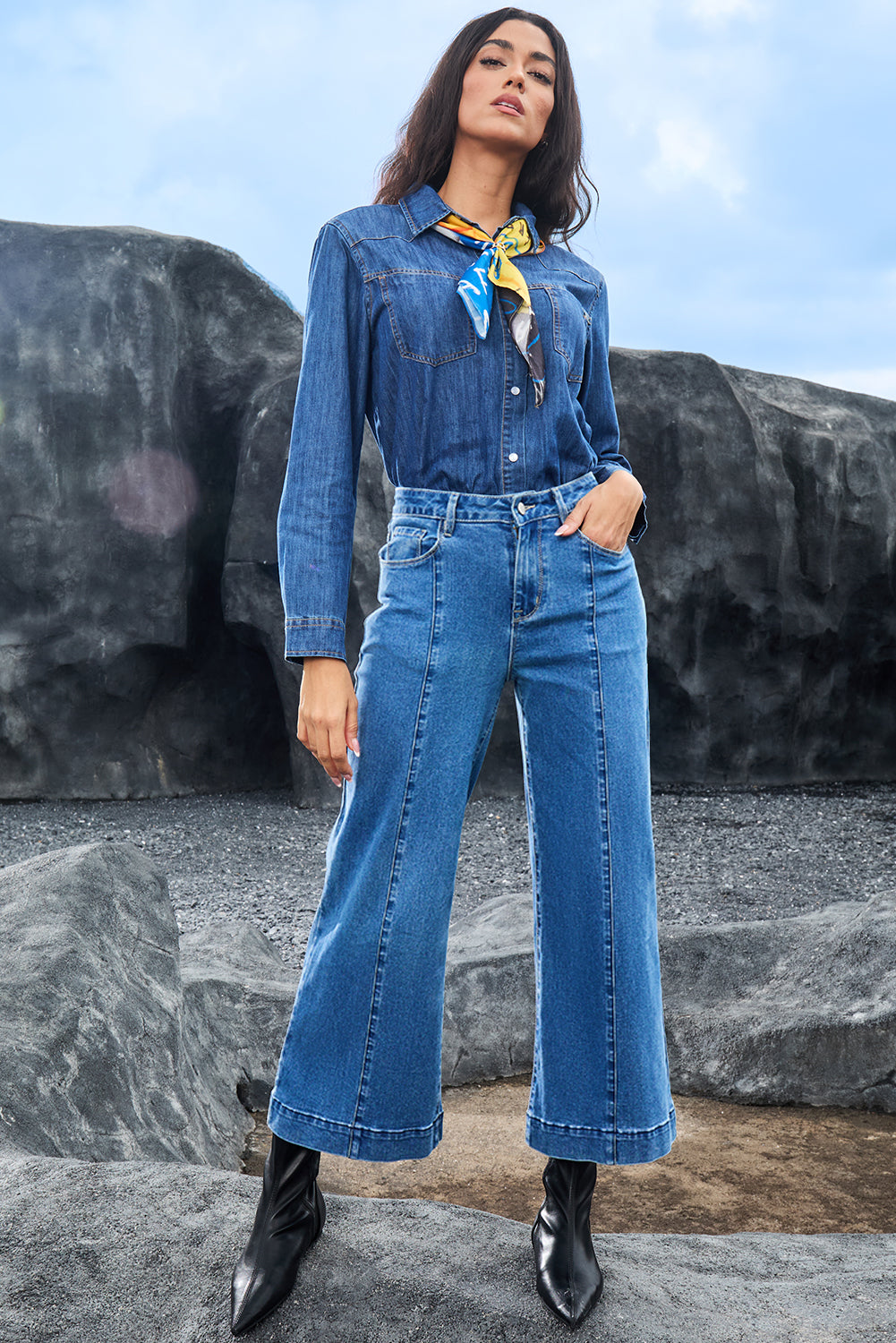 Dark Blue Plain Seam Detail Flared Bottom Ankle Length Jeans Jeans JT's Designer Fashion