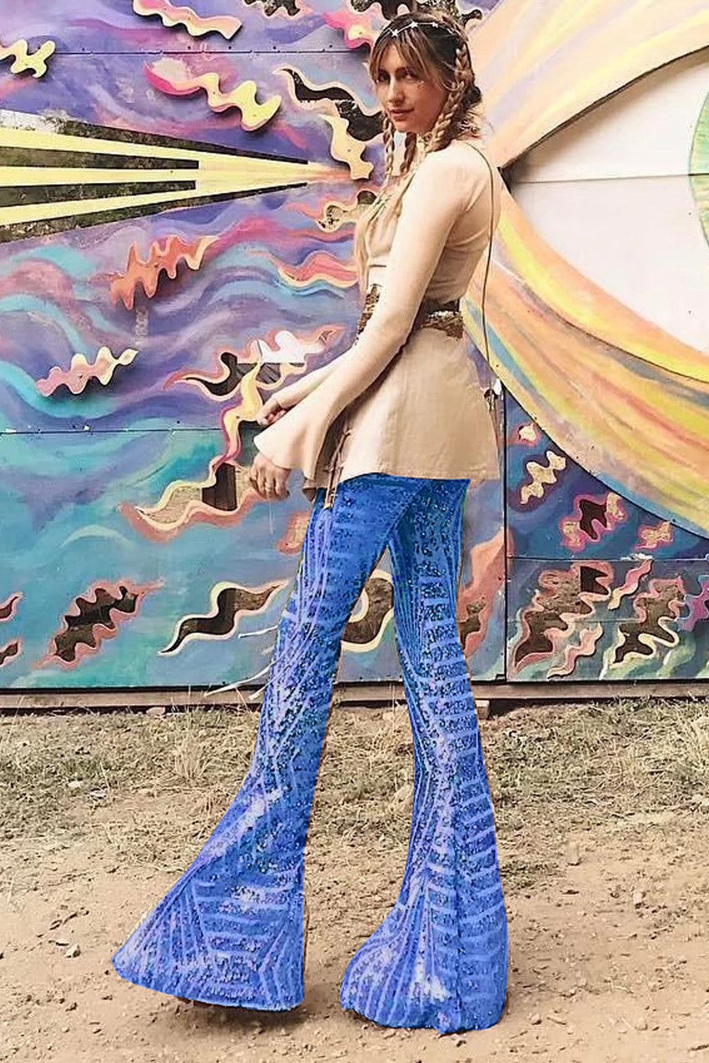 Blue Sequin Wide Leg Pants Pants & Culotte JT's Designer Fashion