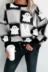 Black Halloween Ghost Checkered Drop Shoulder Sweater Sweaters JT's Designer Fashion