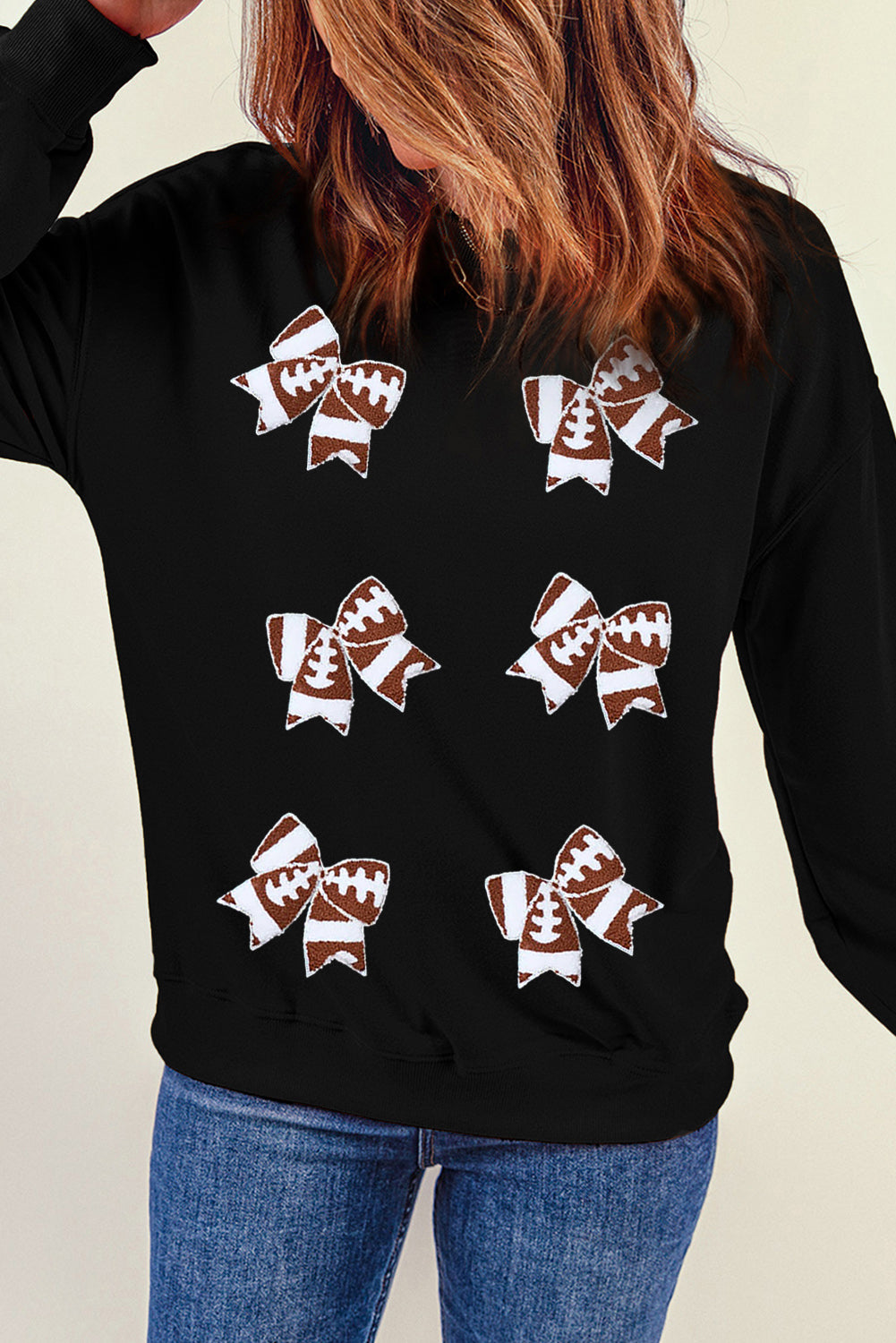 Black Rugby Football Bowknot Patched Crew Neck Game Day Sweatshirt Graphic Sweatshirts JT's Designer Fashion