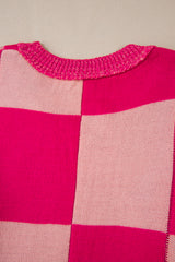 Rose Red Mixed Checkered Pattern Drop Shoulder Loose Sweater Sweaters JT's Designer Fashion