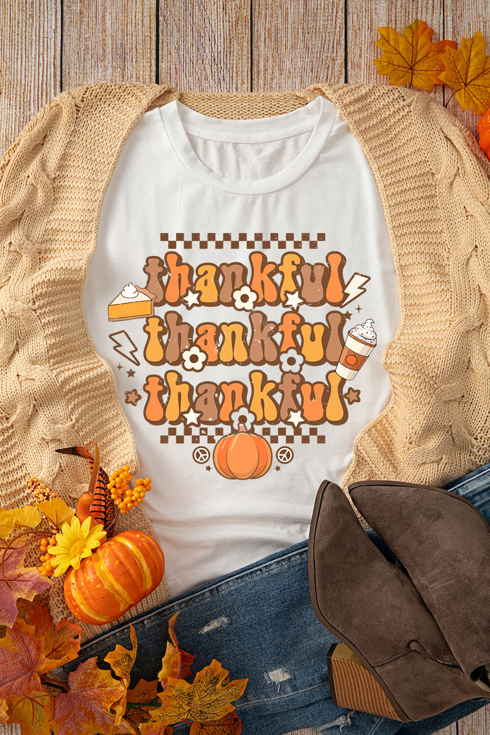 Khaki thankful Crew Neck Thanksgiving Graphic Tee Graphic Tees JT's Designer Fashion