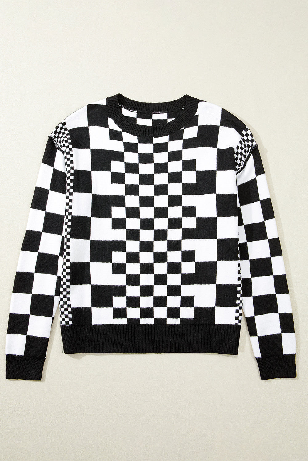 Black Checkered Print Drop Shoulder Round Neck Sweater Sweaters JT's Designer Fashion