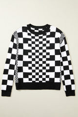 Black Checkered Print Drop Shoulder Round Neck Sweater Sweaters JT's Designer Fashion