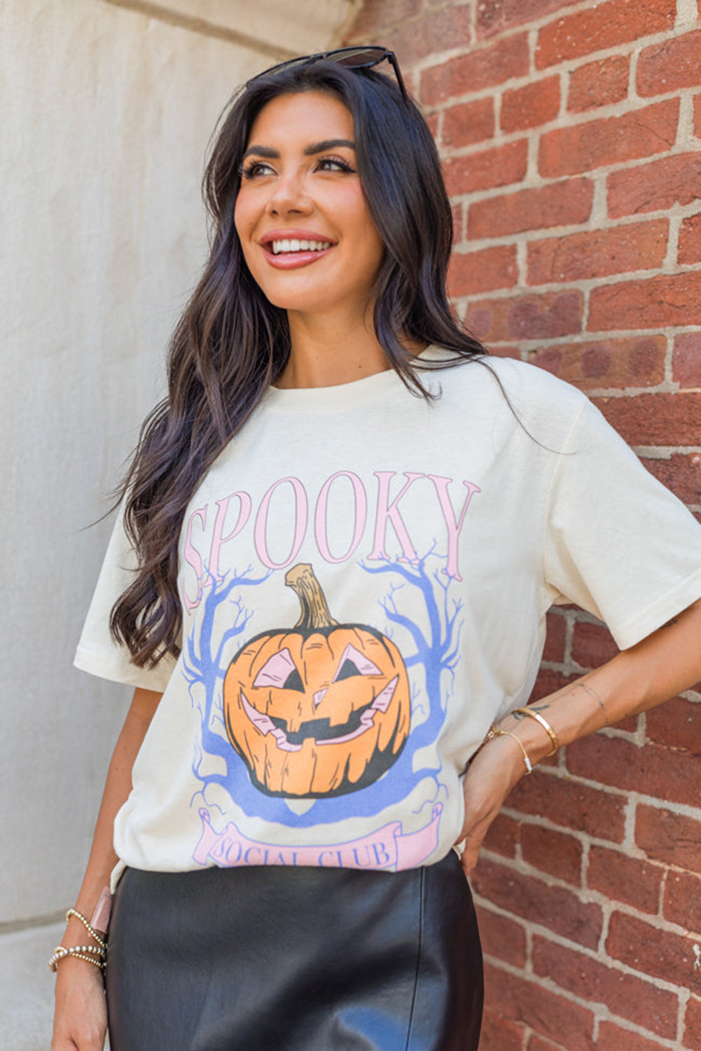 White SPOOKY Pumpkin Print Round Neck Halloween T Shirt Graphic Tees JT's Designer Fashion