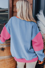Bright Pink Colorblock Patchwork Drop Shoulder Sweatshirt Sweatshirts & Hoodies JT's Designer Fashion