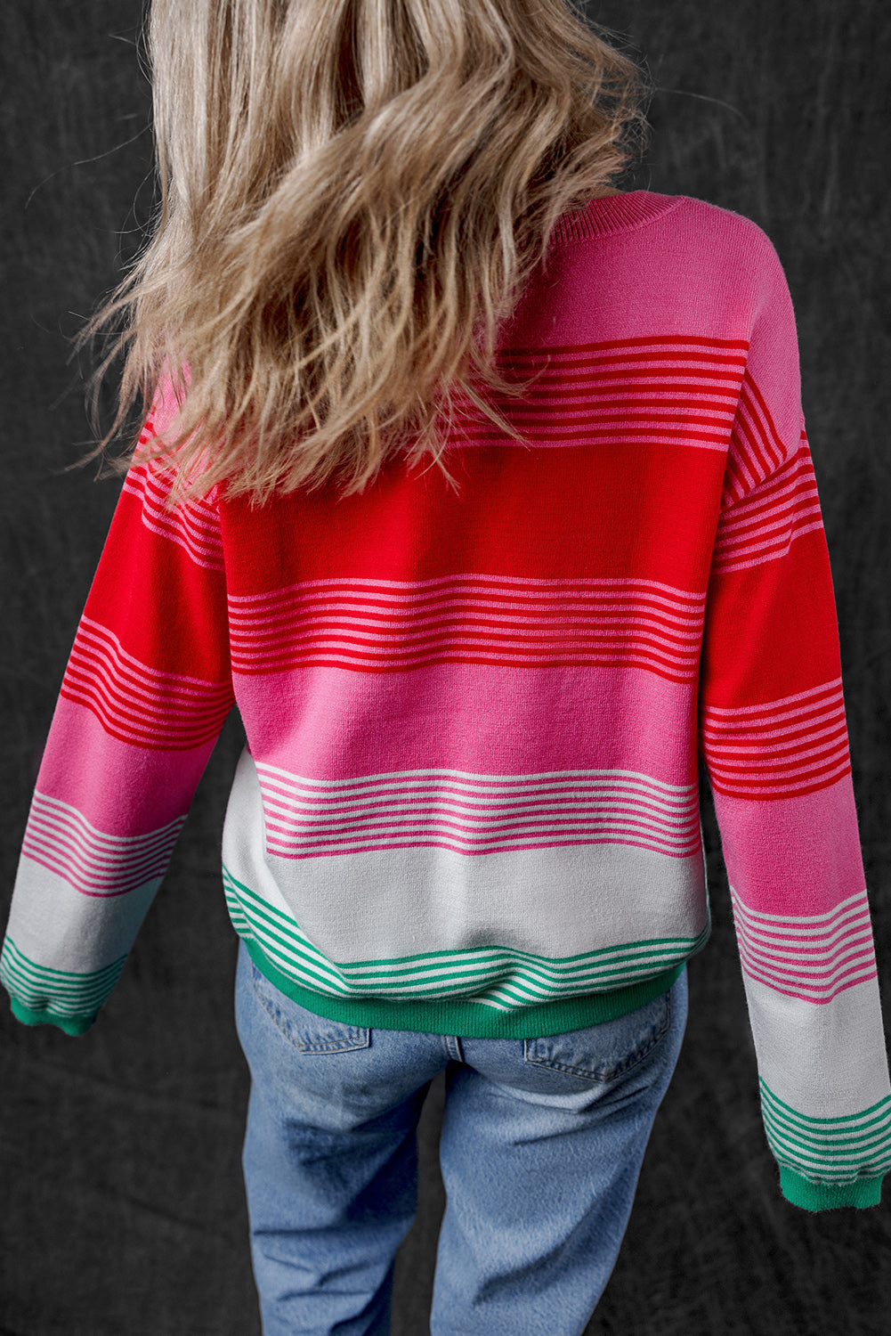 Rose Striped Knit Patch Pocket Drop Shoulder Sweater Sweaters JT's Designer Fashion
