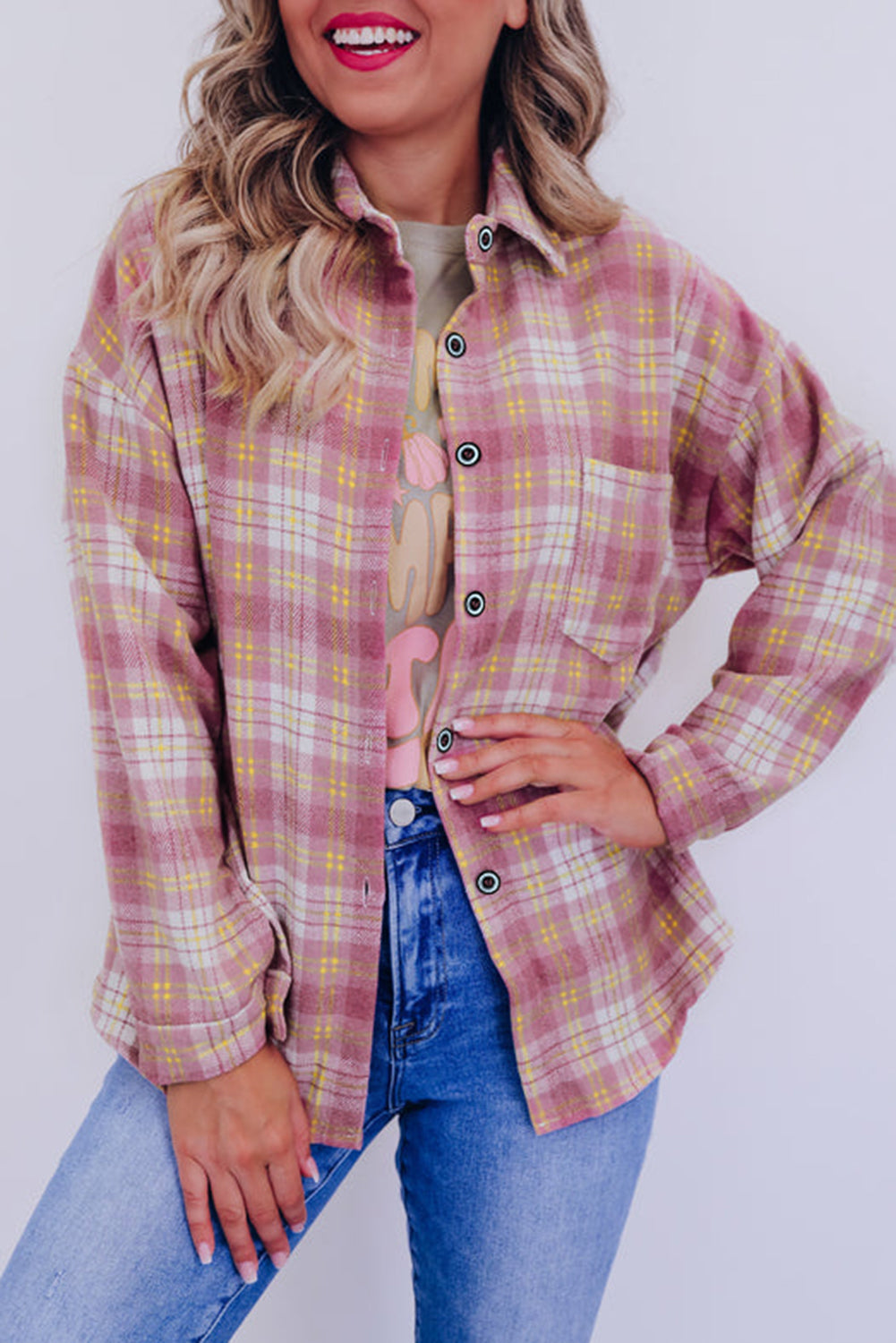 Pink Plaid Print Chest Pocket Long Sleeve Shacket Plaid Shackets JT's Designer Fashion