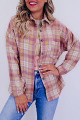 Pink Plaid Print Chest Pocket Long Sleeve Shacket Plaid Shackets JT's Designer Fashion