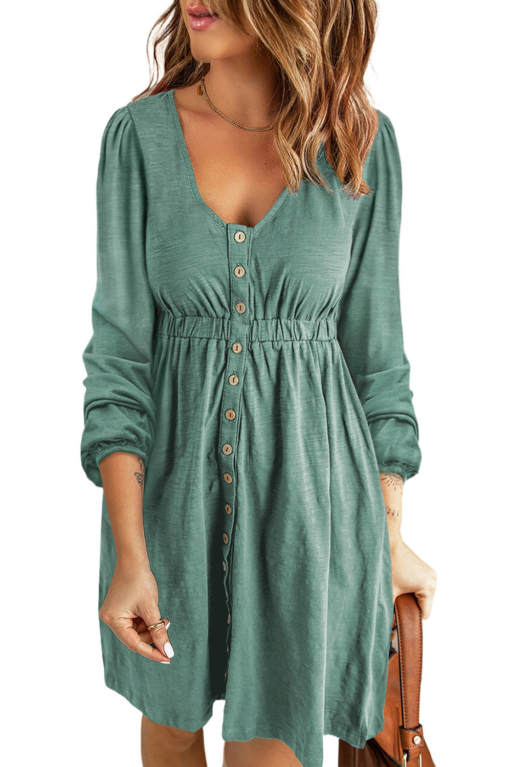 Green Button Up High Waist Long Sleeve Dress Midi Dresses JT's Designer Fashion