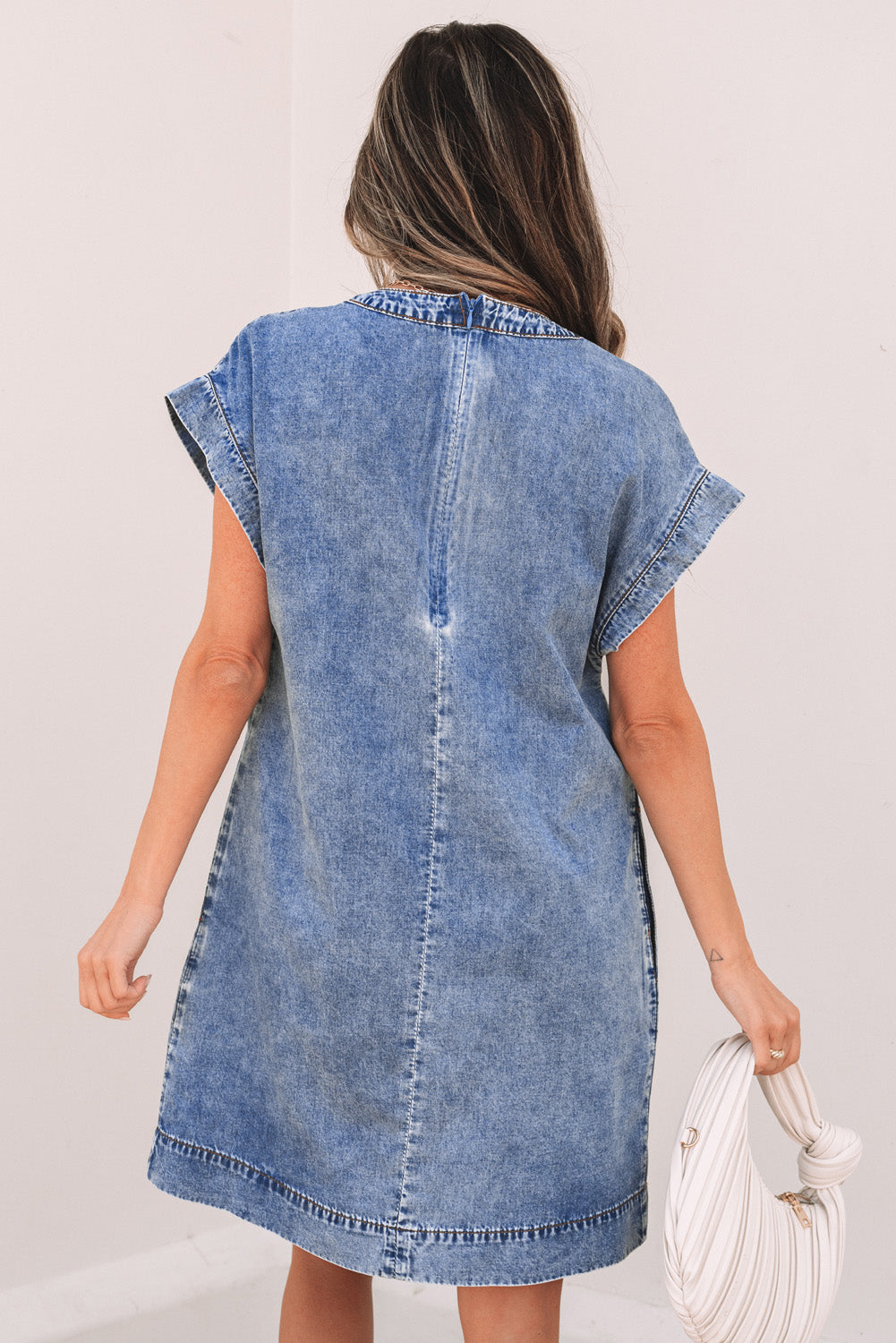 Beau Blue Tie V Neck Tucking Detail Short Sleeve Denim Shift Dress Mini Dresses JT's Designer Fashion