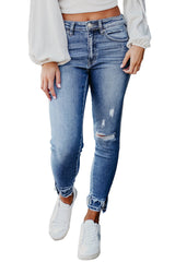 Light Blue Distressed Frayed Ankle Skinny Jeans Jeans JT's Designer Fashion