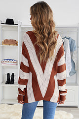 Brown Striped Colorblock V Neck Knitted Sweater Sweaters & Cardigans JT's Designer Fashion