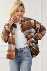 Brown Plaid Flap Pockets Shacket Plaid Shackets JT's Designer Fashion
