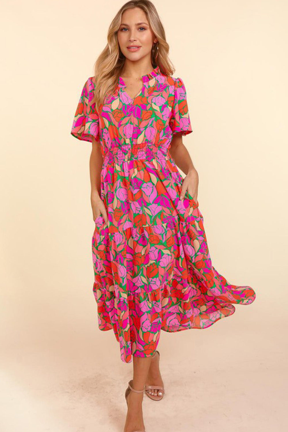 Rose Floral Short Sleeve Smocked Waist Maxi dress Dresses JT's Designer Fashion