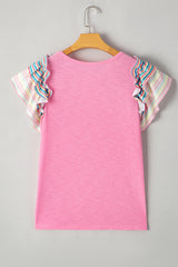 Bonbon Independence Celebration Bowknot Graphic Ruffled Sleeve Ribbed Summer Top Graphic Tees JT's Designer Fashion