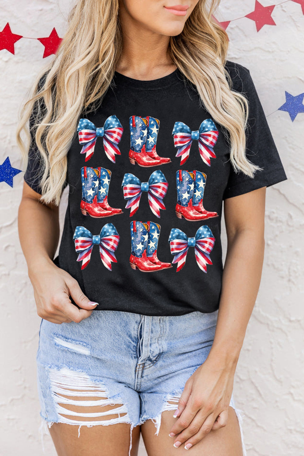 Black Stars and Stripes Bowknot Cowgirl Boots Graphic Patriotic Tee Graphic Tees JT's Designer Fashion