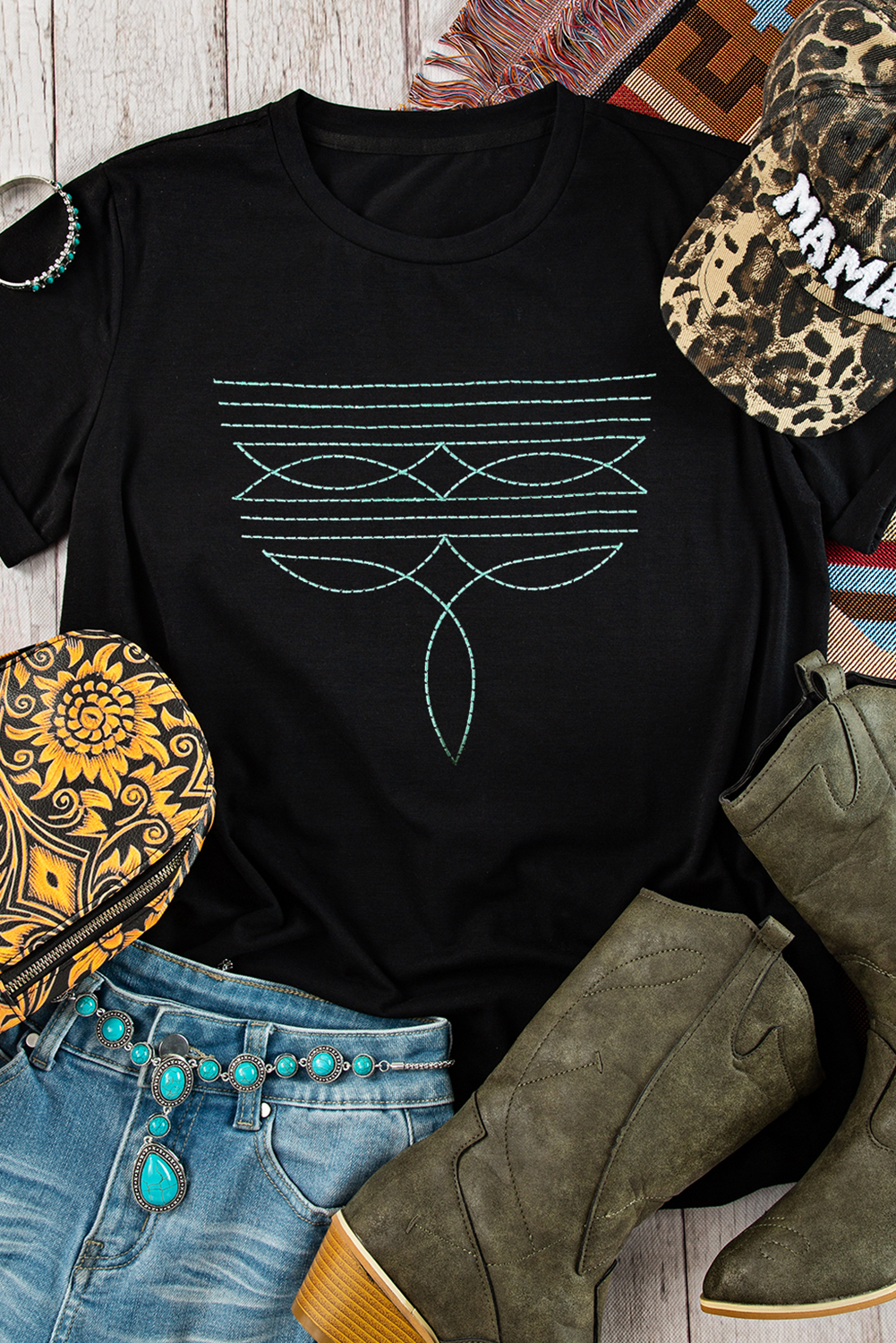 Black Western Fashion Geometric Embroidered T Shirt Graphic Tees JT's Designer Fashion