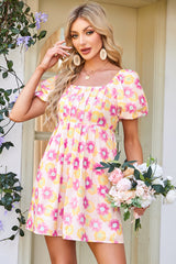 Rose Vibrant Floral Square Neck Puff Sleeve Pleated Flared Midi Dress Floral Dresses JT's Designer Fashion