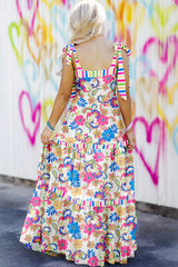 Rose Red Striped Trim Self-tie Straps Floral Maxi Dress Floral Dresses JT's Designer Fashion