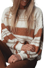 White Striped Knit Puff Sleeve Casual Sweater Sweaters JT's Designer Fashion