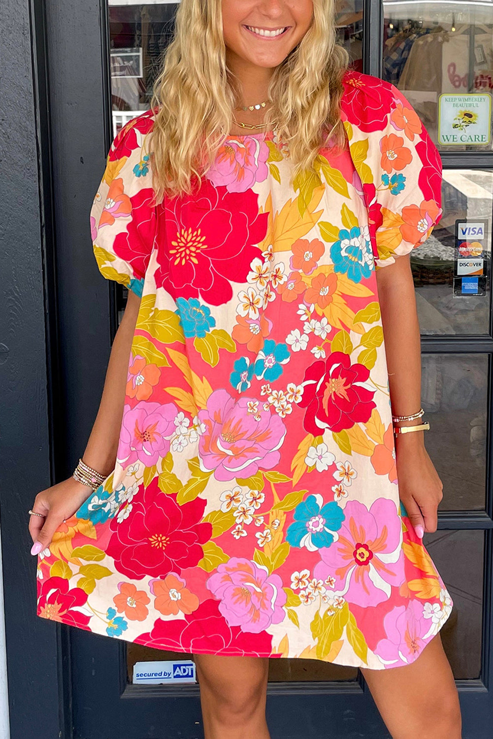 Pink Floral Print Bubble Short Sleeve Dress Floral Dresses JT's Designer Fashion