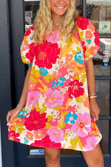 Pink Floral Print Bubble Short Sleeve Dress Floral Dresses JT's Designer Fashion