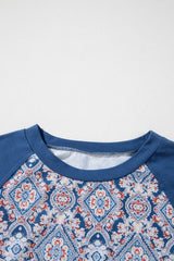 Blue Geometric Printed Lace Patchwork Ric Rac Raglan Long Sleeve Top Long Sleeve Tops JT's Designer Fashion