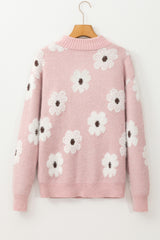 Pink Floral Pattern Half Zip Drop Shoulder Sweater Sweaters JT's Designer Fashion