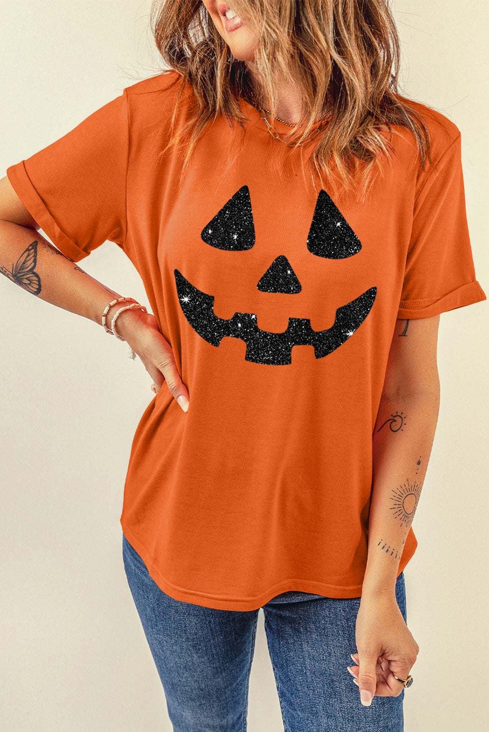 Orange Glittering Pumpkin Face Graphic Crewneck T Shirt Graphic Tees JT's Designer Fashion