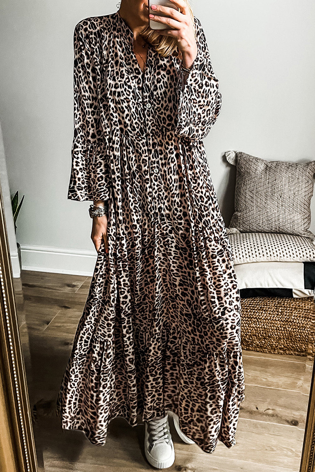 Apricot Leopard Print Tiered Wide Sleeve Long Dress Apricot 100%Polyester Maxi Dresses JT's Designer Fashion