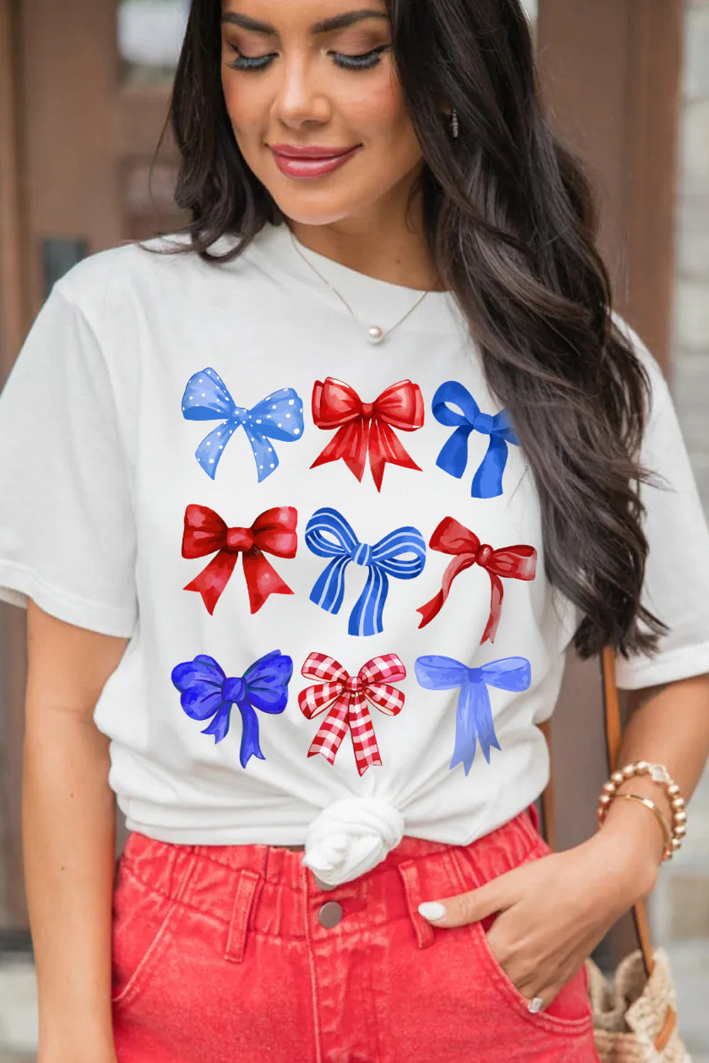 White USA Inspire Bow Print Crewneck Independence Day Tee Graphic Tees JT's Designer Fashion